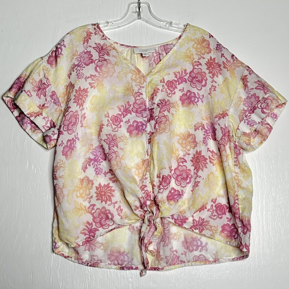 Charter Club Womens Linen Tie Front Top Size XL Floral Short Sleeve Blouse Shirt